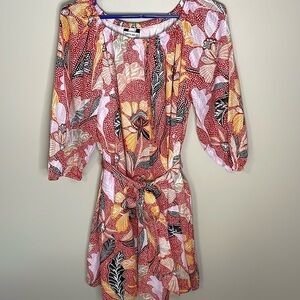 ELIZABETH & JAMES LG Cotton Floral Print Dotted‎ Fully Lined Midi Belted Dress